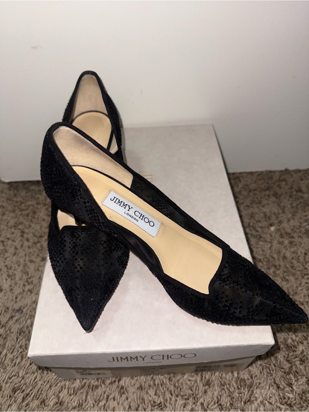 Jimmy Choo Allure Black Flocked Mesh Pointed Toe Kitten Heel Pumps 35.5